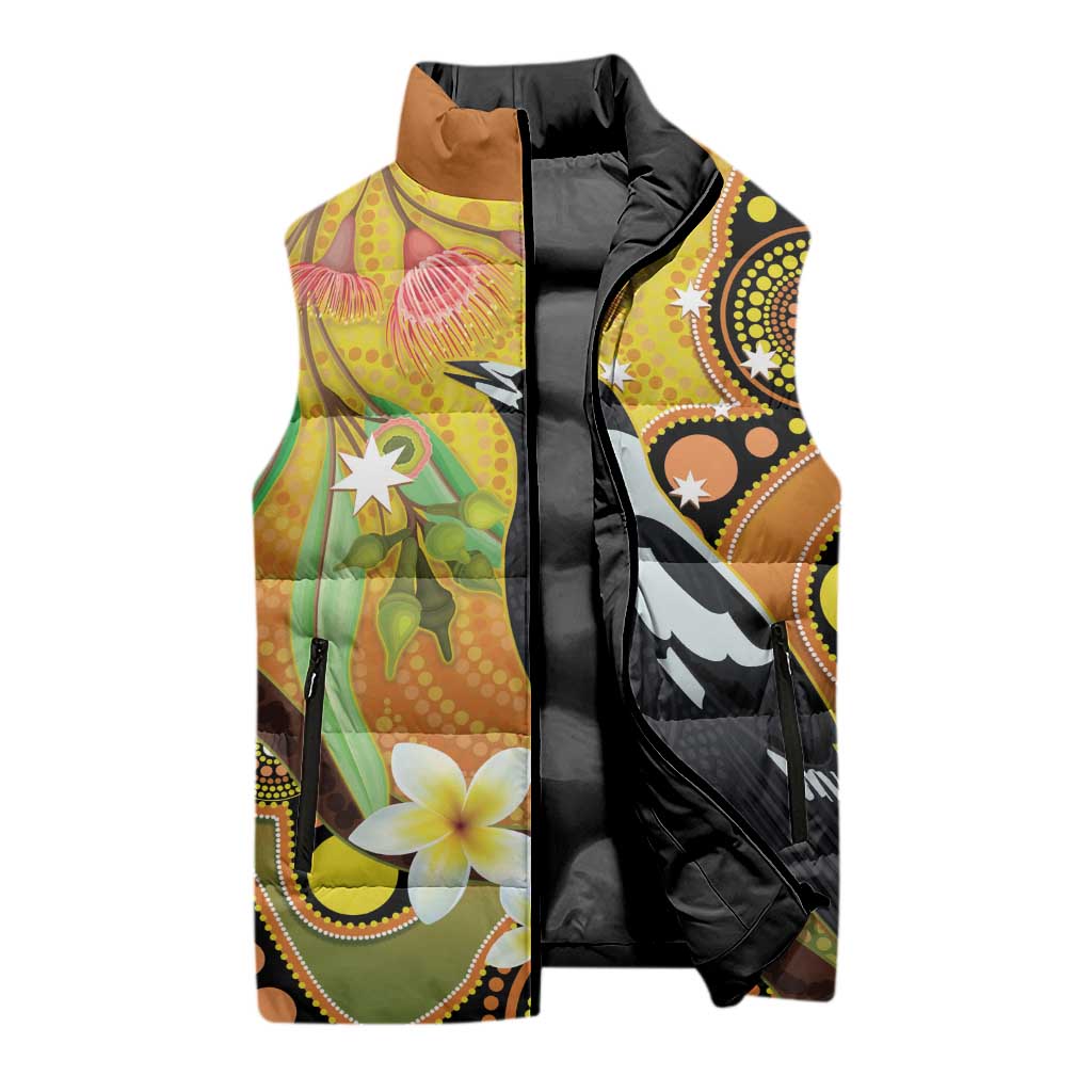 Australia Eucalyptus Flower And Magpie Sleeveless Puffer Jacket Aboriginal Art - Aussie Hoodie