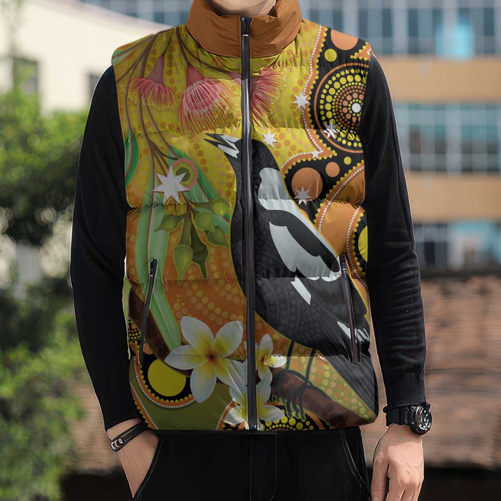 Australia Eucalyptus Flower And Magpie Sleeveless Puffer Jacket Aboriginal Art - Aussie Hoodie