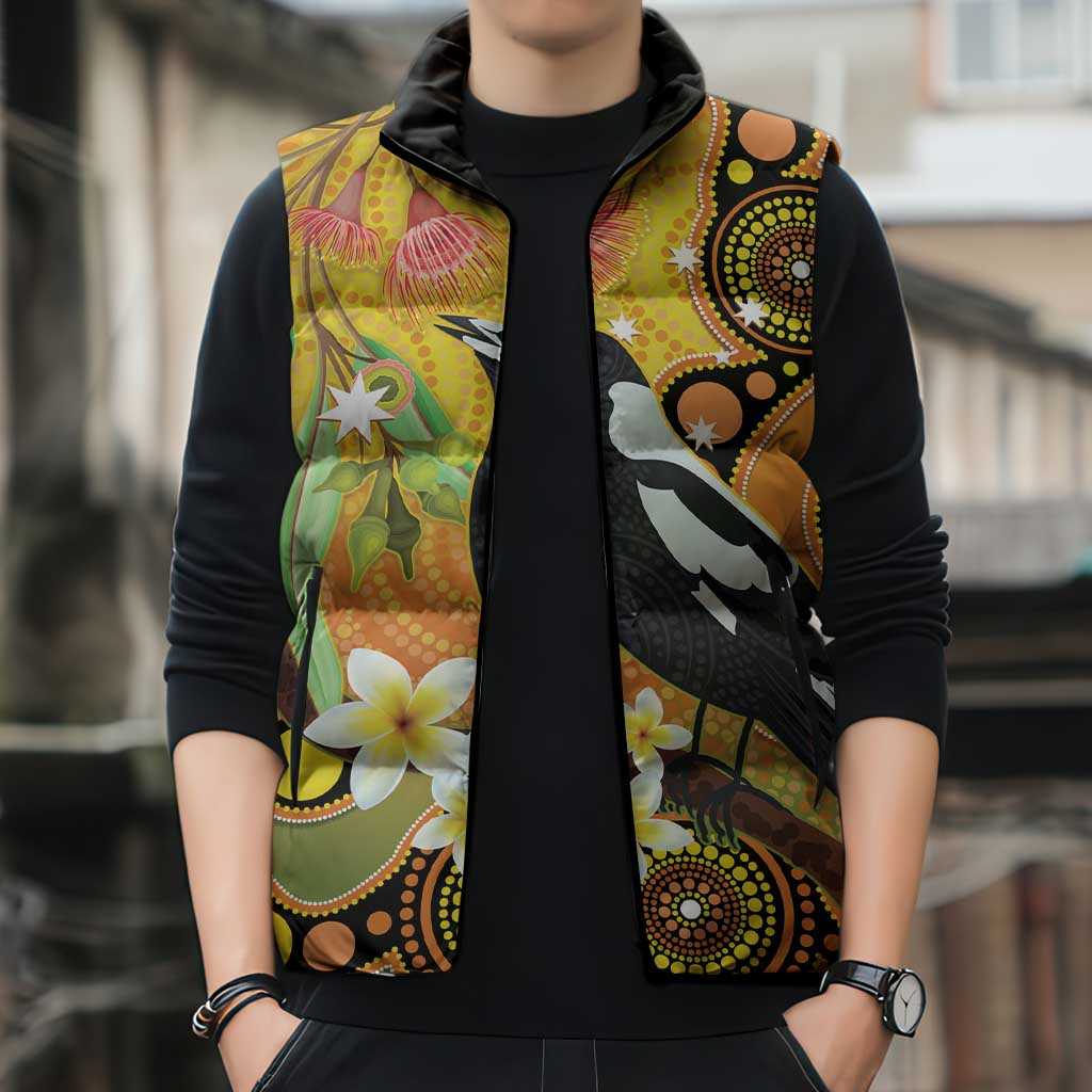 Australia Eucalyptus Flower And Magpie Sleeveless Puffer Jacket Aboriginal Art - Aussie Hoodie