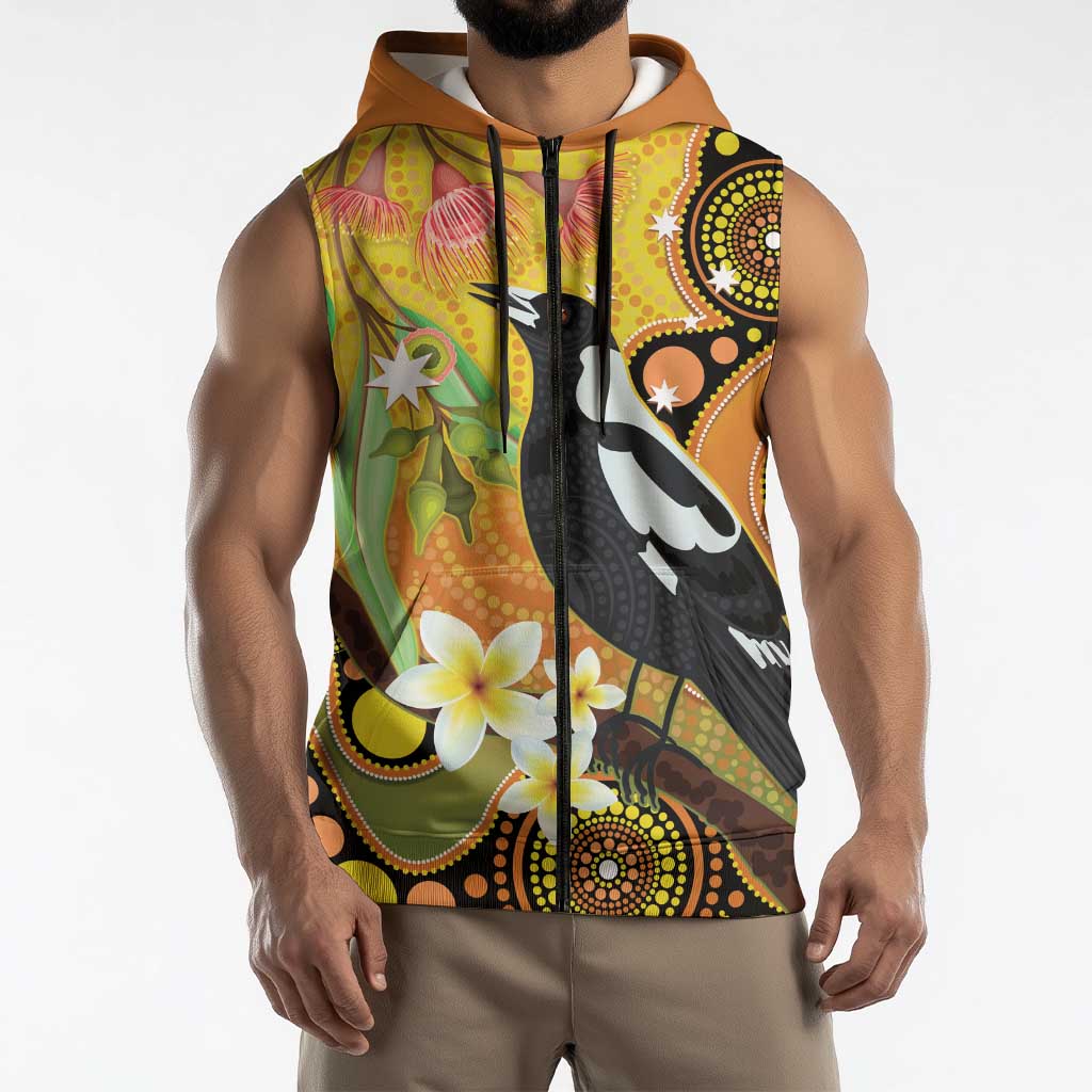 Australia Eucalyptus Flower And Magpie Sleeveless Zip Hoodie Aboriginal Art LT14