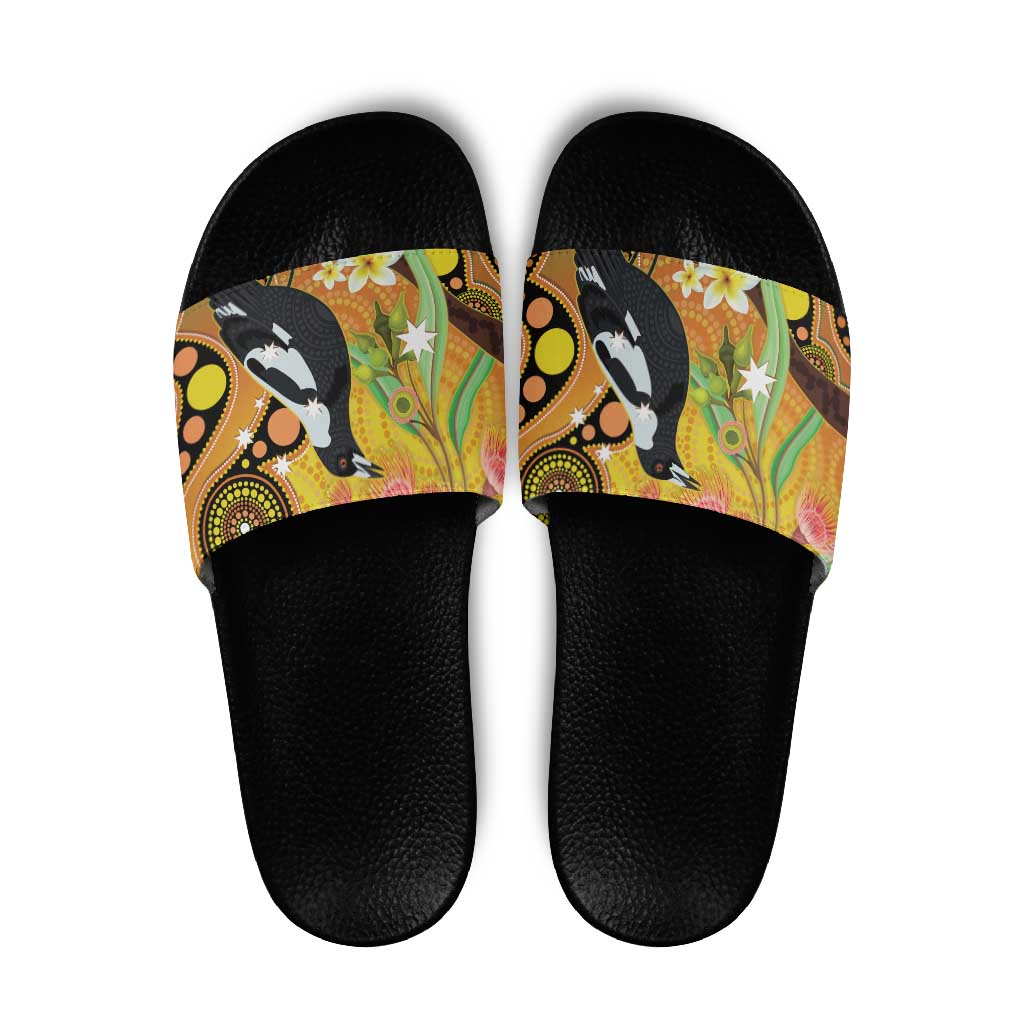 Australia Eucalyptus Flower And Magpie Slide Sandals Aboriginal Art - Aussie Hoodie