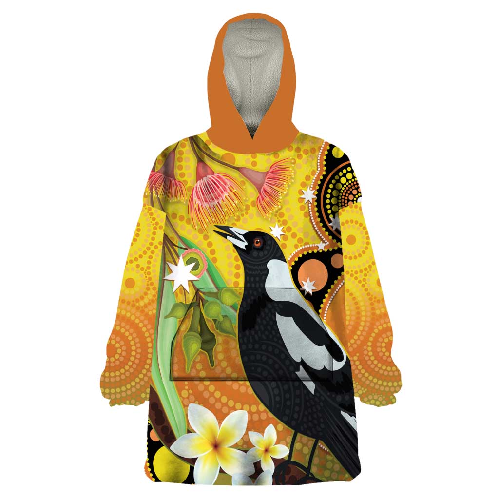 Australia Eucalyptus Flower And Magpie Wearable Blanket Hoodie Aboriginal Art