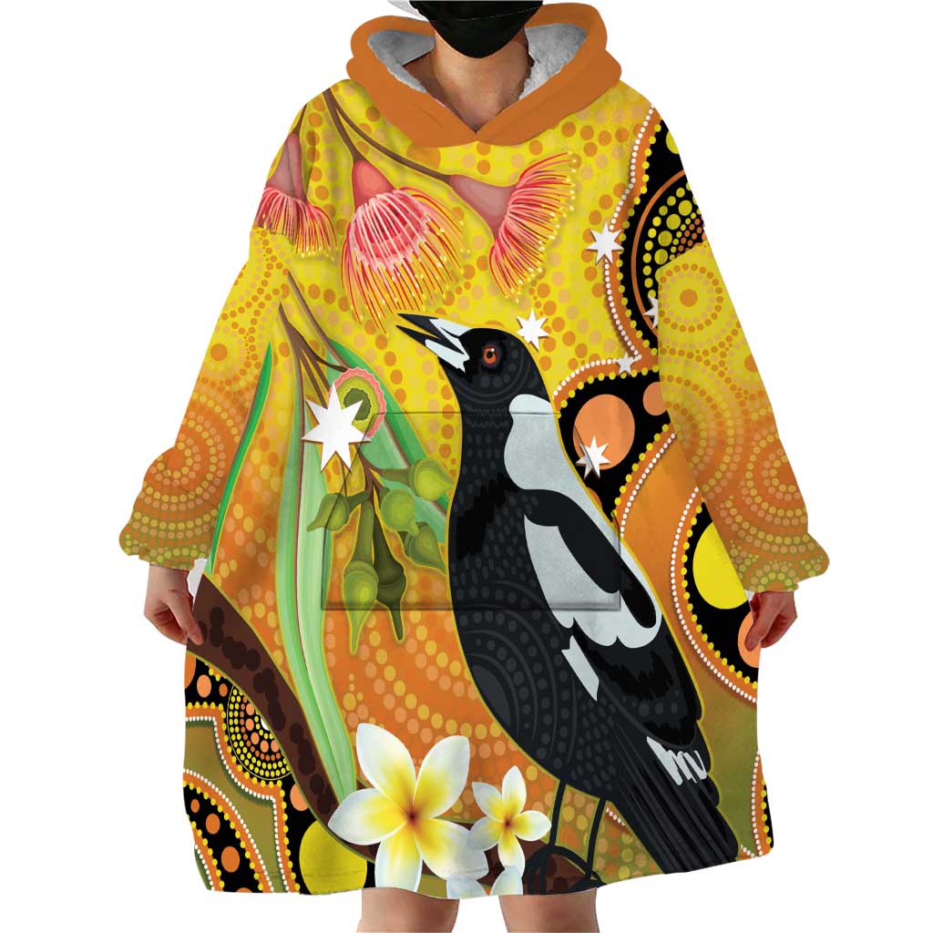 Australia Eucalyptus Flower And Magpie Wearable Blanket Hoodie Aboriginal Art
