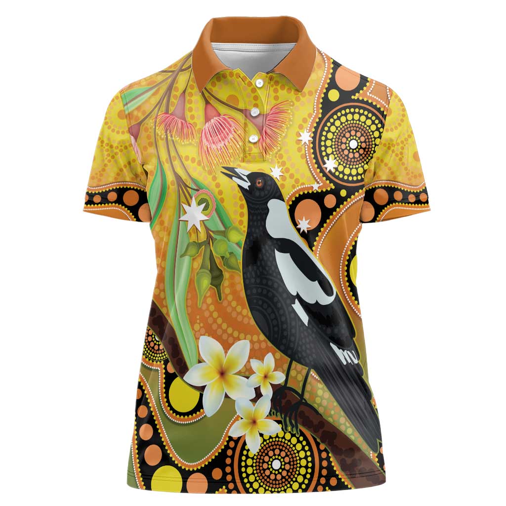 Australia Eucalyptus Flower And Magpie Women Polo Shirt Aboriginal Art