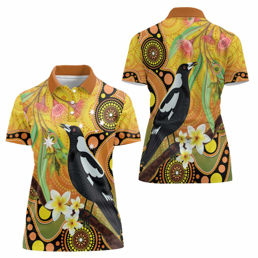 Australia Eucalyptus Flower And Magpie Women Polo Shirt Aboriginal Art