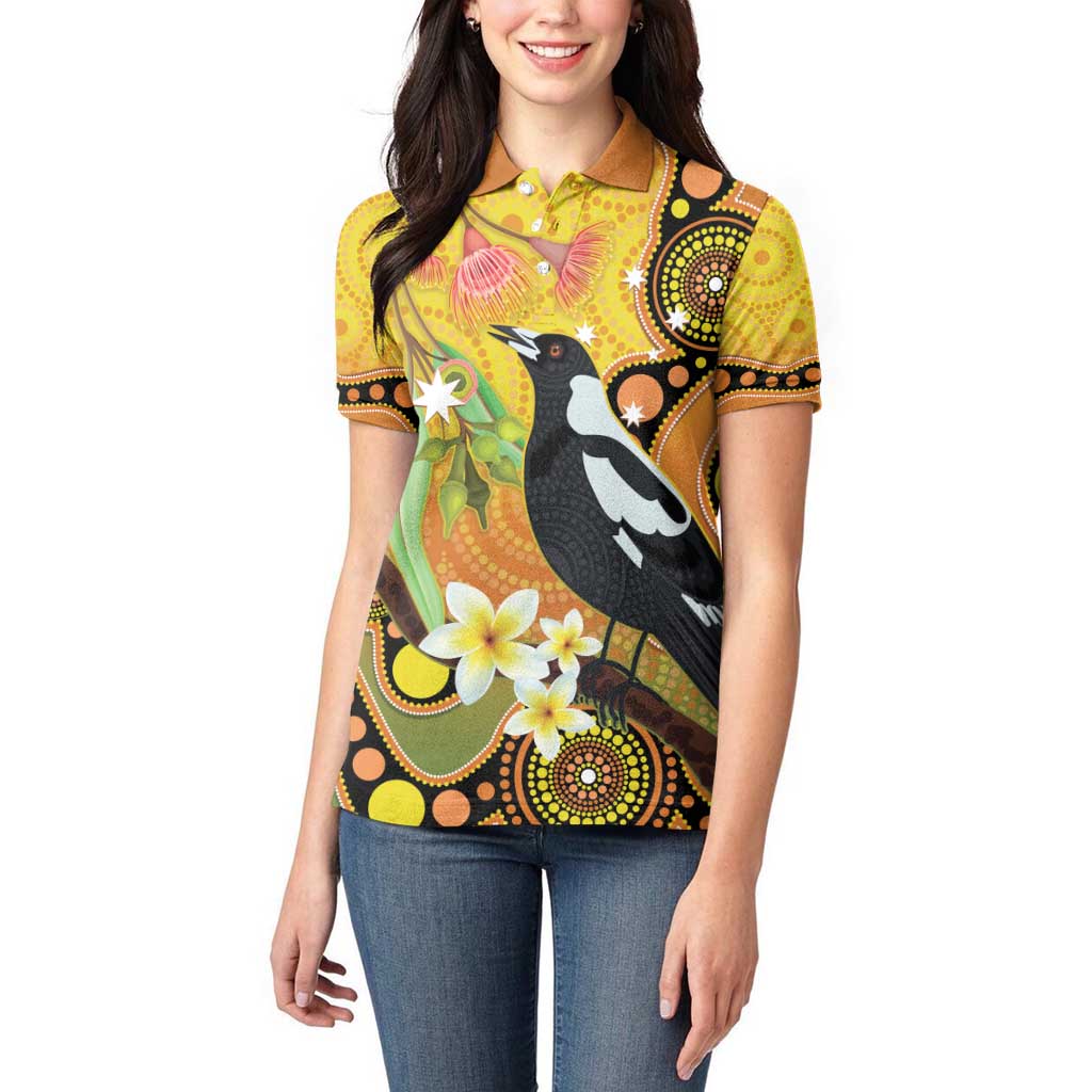 Australia Eucalyptus Flower And Magpie Women Polo Shirt Aboriginal Art