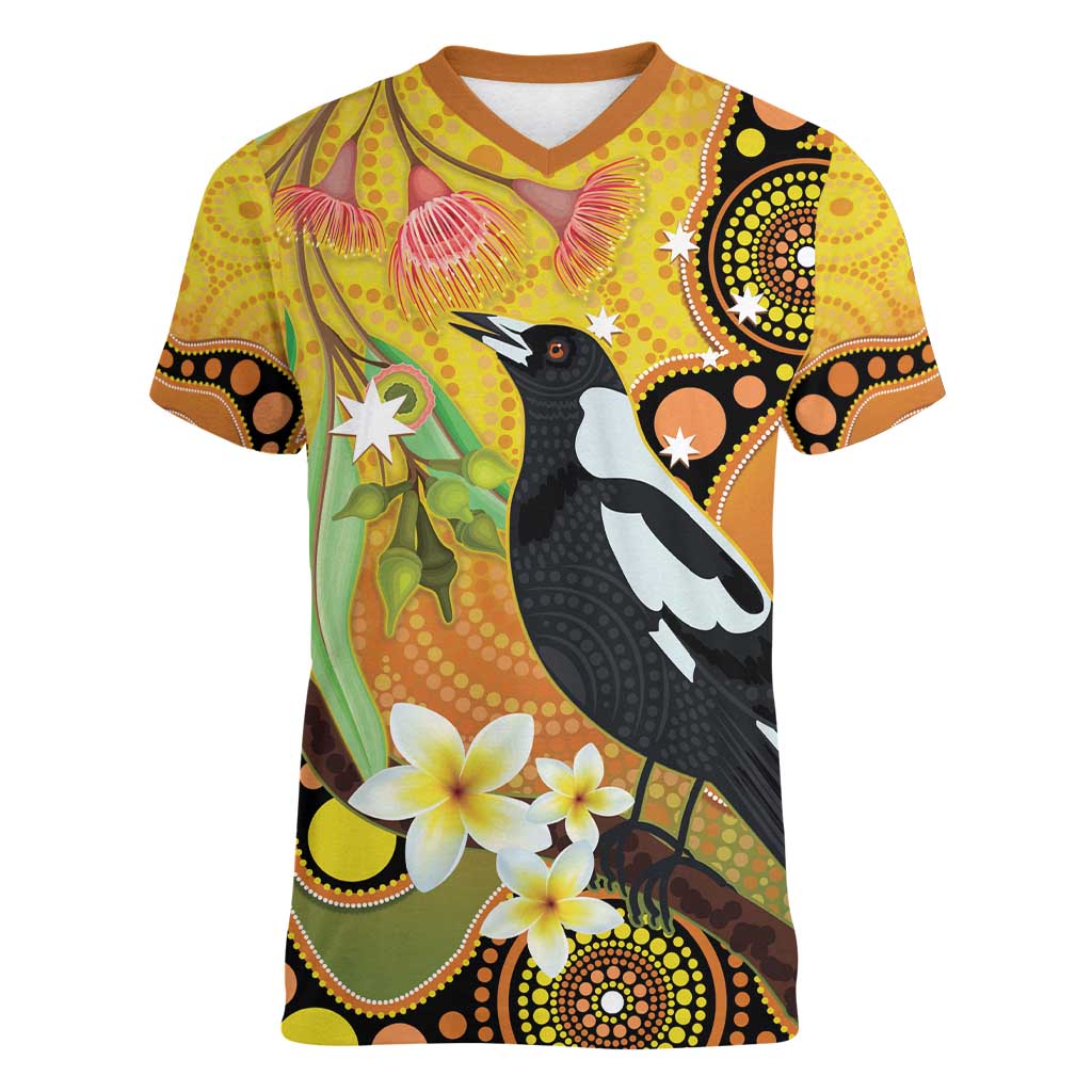 Australia Eucalyptus Flower And Magpie Women V-Neck T-Shirt Aboriginal Art
