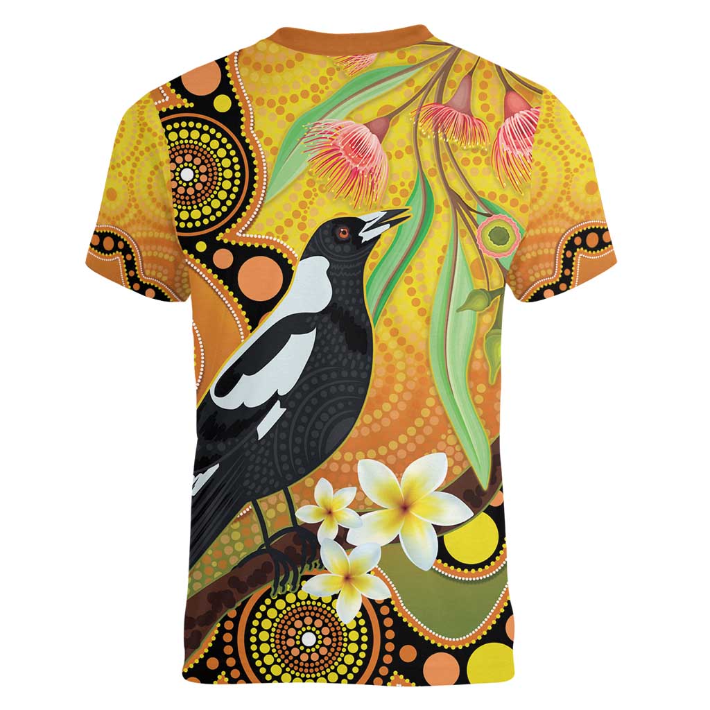 Australia Eucalyptus Flower And Magpie Women V-Neck T-Shirt Aboriginal Art
