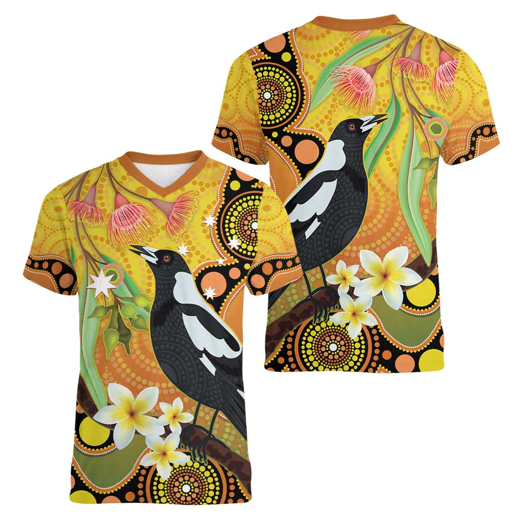 Australia Eucalyptus Flower And Magpie Women V-Neck T-Shirt Aboriginal Art