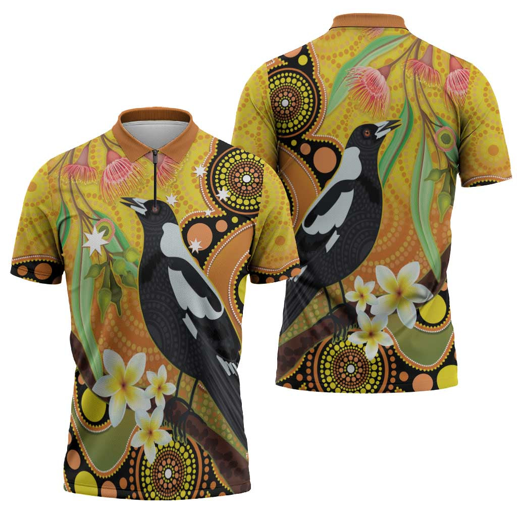 Australia Eucalyptus Flower And Magpie Zipper Polo Shirt Aboriginal Art - Aussie Hoodie