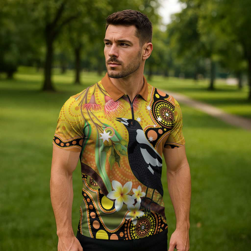 Australia Eucalyptus Flower And Magpie Zipper Polo Shirt Aboriginal Art - Aussie Hoodie