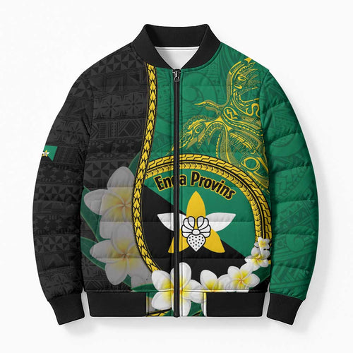 Personalised PNG Enga Provins Bomber Puffer Jacket Papua New Guinea Plumeria Melanesian Pattern - Aussie Hoodie