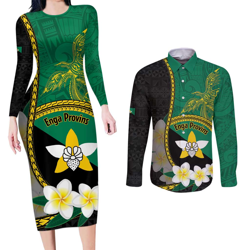 Personalised PNG Enga Provins Couples Matching Long Sleeve Bodycon Dress and Long Sleeve Button Shirt Papua New Guinea Plumeria Melanesian Pattern - Aussie Hoodie