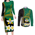 Personalised PNG Enga Provins Couples Matching Long Sleeve Bodycon Dress and Long Sleeve Button Shirt Papua New Guinea Plumeria Melanesian Pattern - Aussie Hoodie