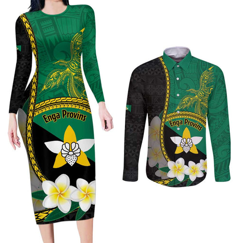 Personalised PNG Enga Provins Couples Matching Long Sleeve Bodycon Dress and Long Sleeve Button Shirt Papua New Guinea Plumeria Melanesian Pattern - Aussie Hoodie