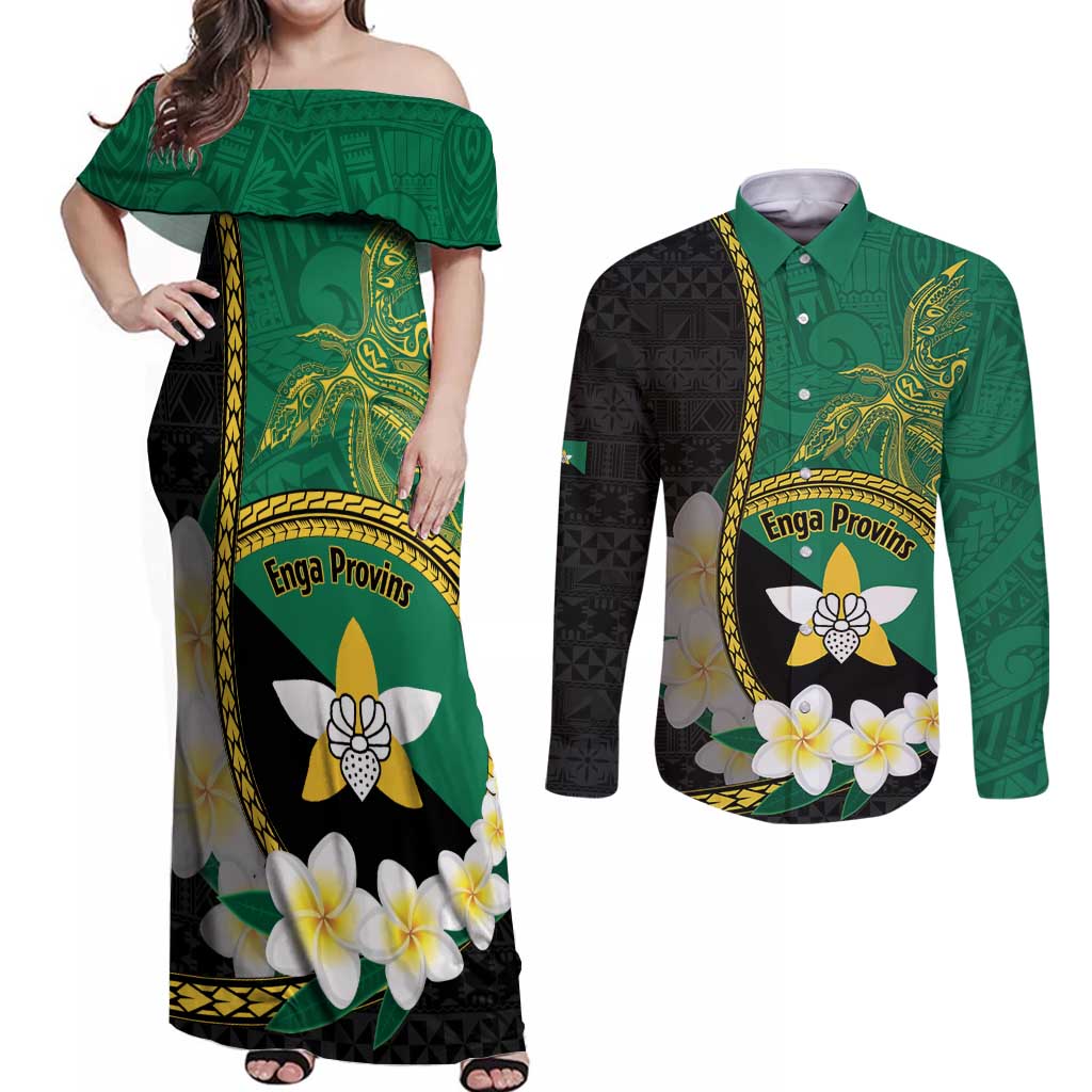 Personalised PNG Enga Provins Couples Matching Off Shoulder Maxi Dress and Long Sleeve Button Shirt Papua New Guinea Plumeria Melanesian Pattern - Aussie Hoodie