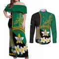 Personalised PNG Enga Provins Couples Matching Off Shoulder Maxi Dress and Long Sleeve Button Shirt Papua New Guinea Plumeria Melanesian Pattern - Aussie Hoodie