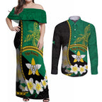 Personalised PNG Enga Provins Couples Matching Off Shoulder Maxi Dress and Long Sleeve Button Shirt Papua New Guinea Plumeria Melanesian Pattern - Aussie Hoodie