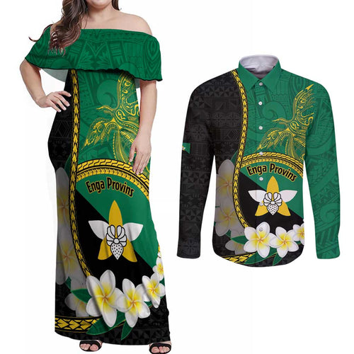Personalised PNG Enga Provins Couples Matching Off Shoulder Maxi Dress and Long Sleeve Button Shirt Papua New Guinea Plumeria Melanesian Pattern - Aussie Hoodie