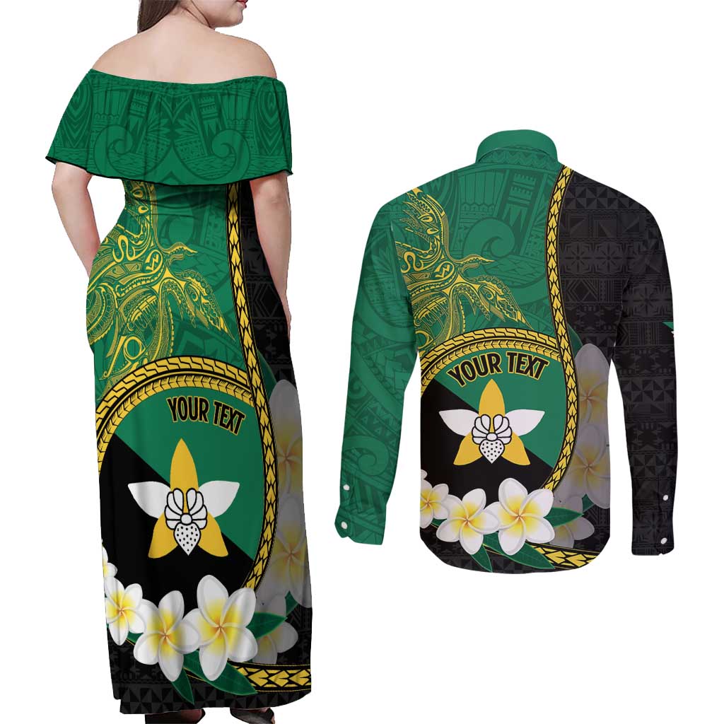 Personalised PNG Enga Provins Couples Matching Off Shoulder Maxi Dress and Long Sleeve Button Shirt Papua New Guinea Plumeria Melanesian Pattern - Aussie Hoodie