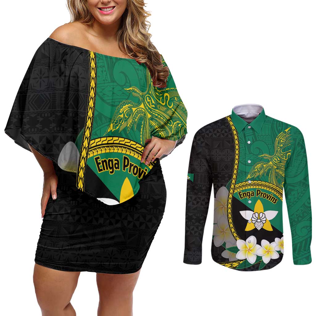 Personalised PNG Enga Provins Couples Matching Off Shoulder Short Dress and Long Sleeve Button Shirt Papua New Guinea Plumeria Melanesian Pattern - Aussie Hoodie