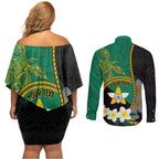 Personalised PNG Enga Provins Couples Matching Off Shoulder Short Dress and Long Sleeve Button Shirt Papua New Guinea Plumeria Melanesian Pattern - Aussie Hoodie