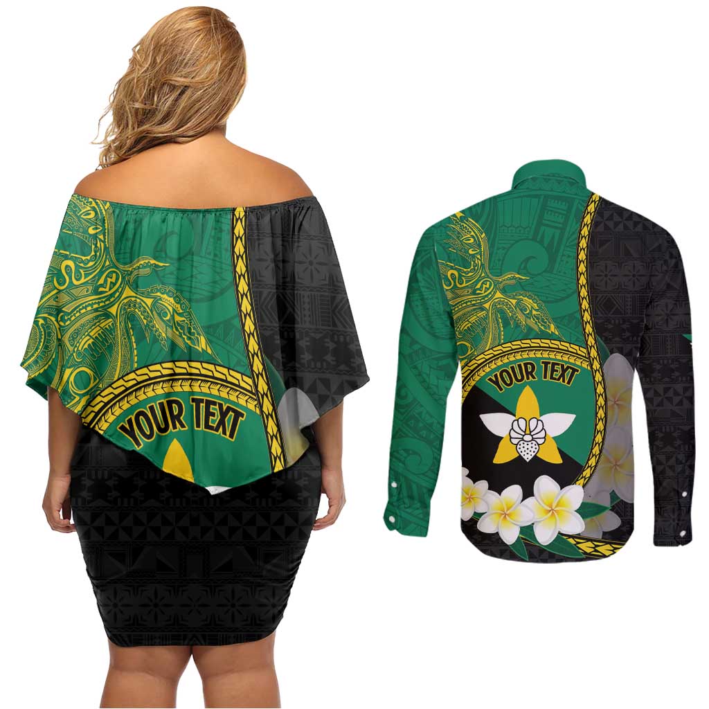 Personalised PNG Enga Provins Couples Matching Off Shoulder Short Dress and Long Sleeve Button Shirt Papua New Guinea Plumeria Melanesian Pattern - Aussie Hoodie