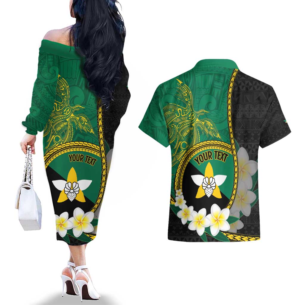 Personalised PNG Enga Provins Couples Matching Off The Shoulder Long Sleeve Dress and Hawaiian Shirt Papua New Guinea Plumeria Melanesian Pattern - Aussie Hoodie