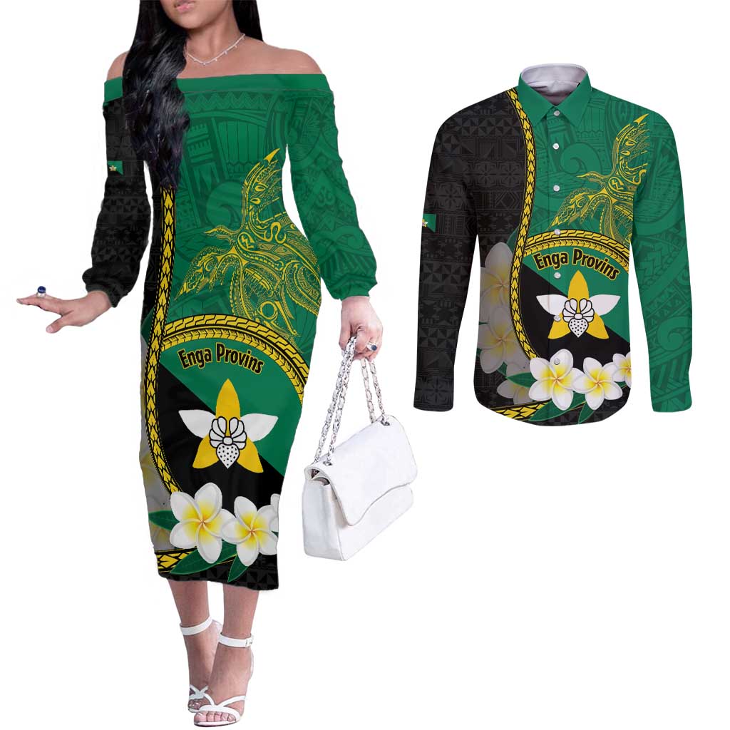 Personalised PNG Enga Provins Couples Matching Off The Shoulder Long Sleeve Dress and Long Sleeve Button Shirt Papua New Guinea Plumeria Melanesian Pattern - Aussie Hoodie