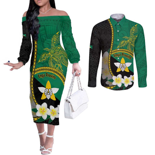 Personalised PNG Enga Provins Couples Matching Off The Shoulder Long Sleeve Dress and Long Sleeve Button Shirt Papua New Guinea Plumeria Melanesian Pattern - Aussie Hoodie