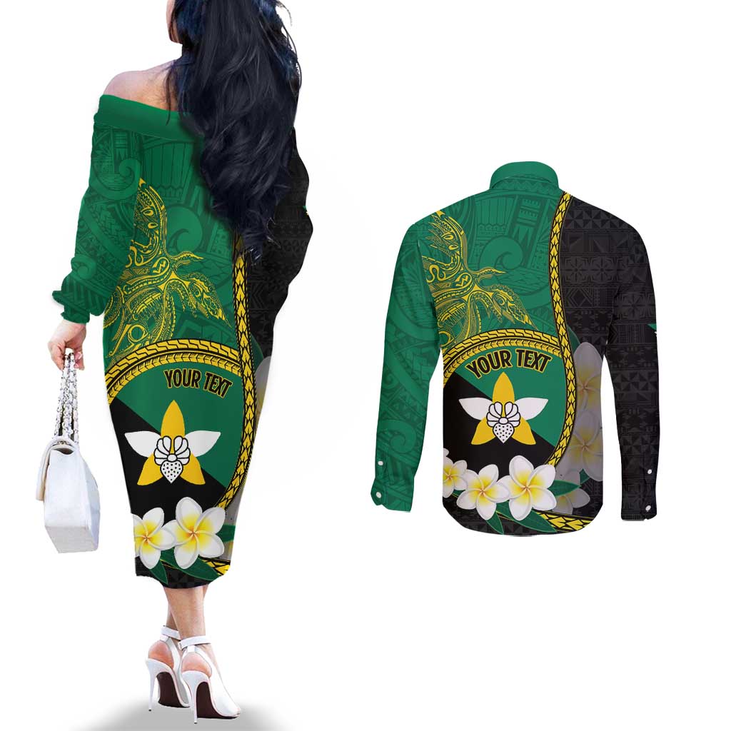 Personalised PNG Enga Provins Couples Matching Off The Shoulder Long Sleeve Dress and Long Sleeve Button Shirt Papua New Guinea Plumeria Melanesian Pattern - Aussie Hoodie