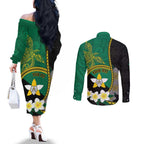 Personalised PNG Enga Provins Couples Matching Off The Shoulder Long Sleeve Dress and Long Sleeve Button Shirt Papua New Guinea Plumeria Melanesian Pattern - Aussie Hoodie