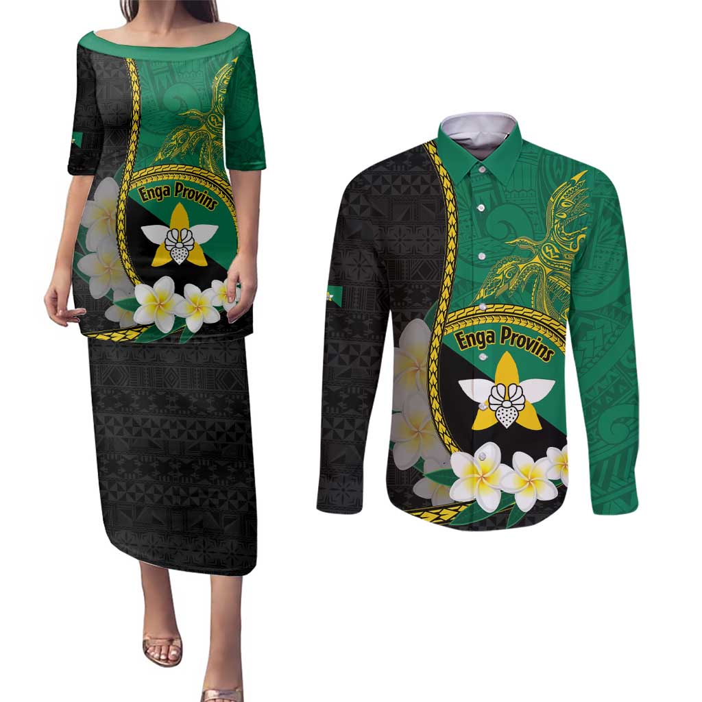 Personalised PNG Enga Provins Couples Matching Puletasi and Long Sleeve Button Shirt Papua New Guinea Plumeria Melanesian Pattern - Aussie Hoodie