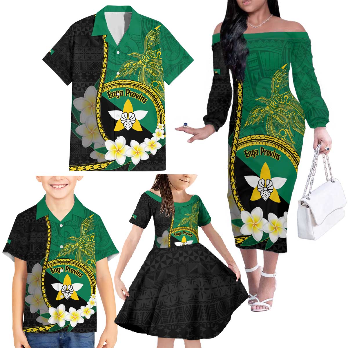 Personalised PNG Enga Provins Family Matching Off The Shoulder Long Sleeve Dress and Hawaiian Shirt Papua New Guinea Plumeria Melanesian Pattern - Aussie Hoodie