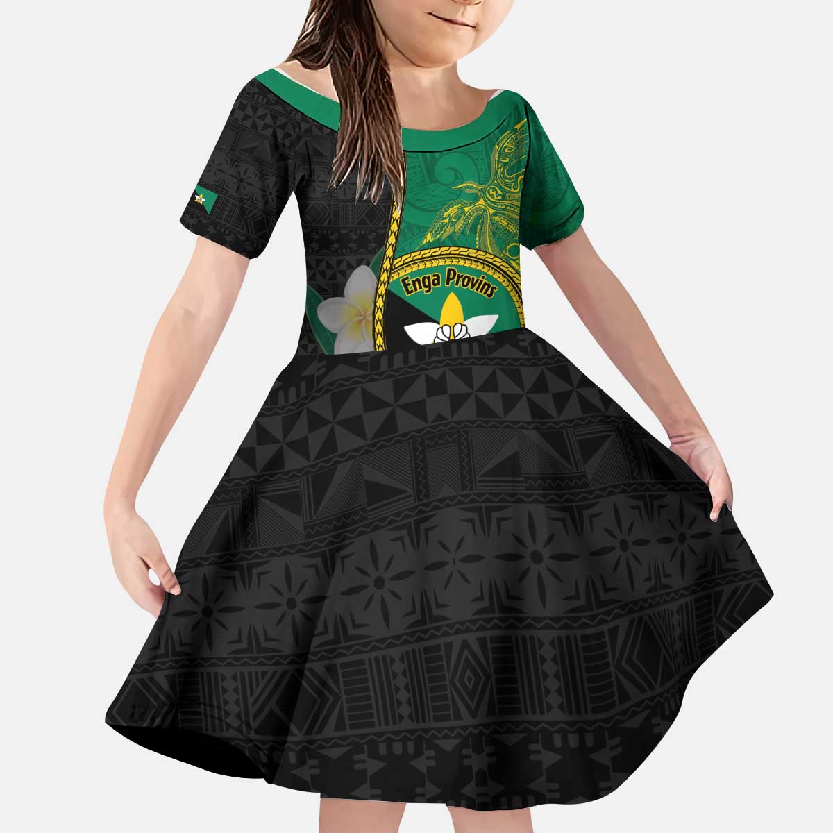 Personalised PNG Enga Provins Kid Short Sleeve Dress Papua New Guinea Plumeria Melanesian Pattern - Aussie Hoodie