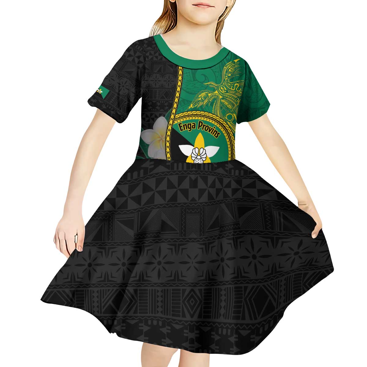 Personalised PNG Enga Provins Kid Short Sleeve Dress Papua New Guinea Plumeria Melanesian Pattern - Aussie Hoodie