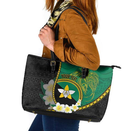 Personalised PNG Enga Provins Leather Tote Bag Papua New Guinea Plumeria Melanesian Pattern - Aussie Hoodie