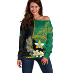 Personalised PNG Enga Provins Off Shoulder Sweater Papua New Guinea Plumeria Melanesian Pattern - Aussie Hoodie