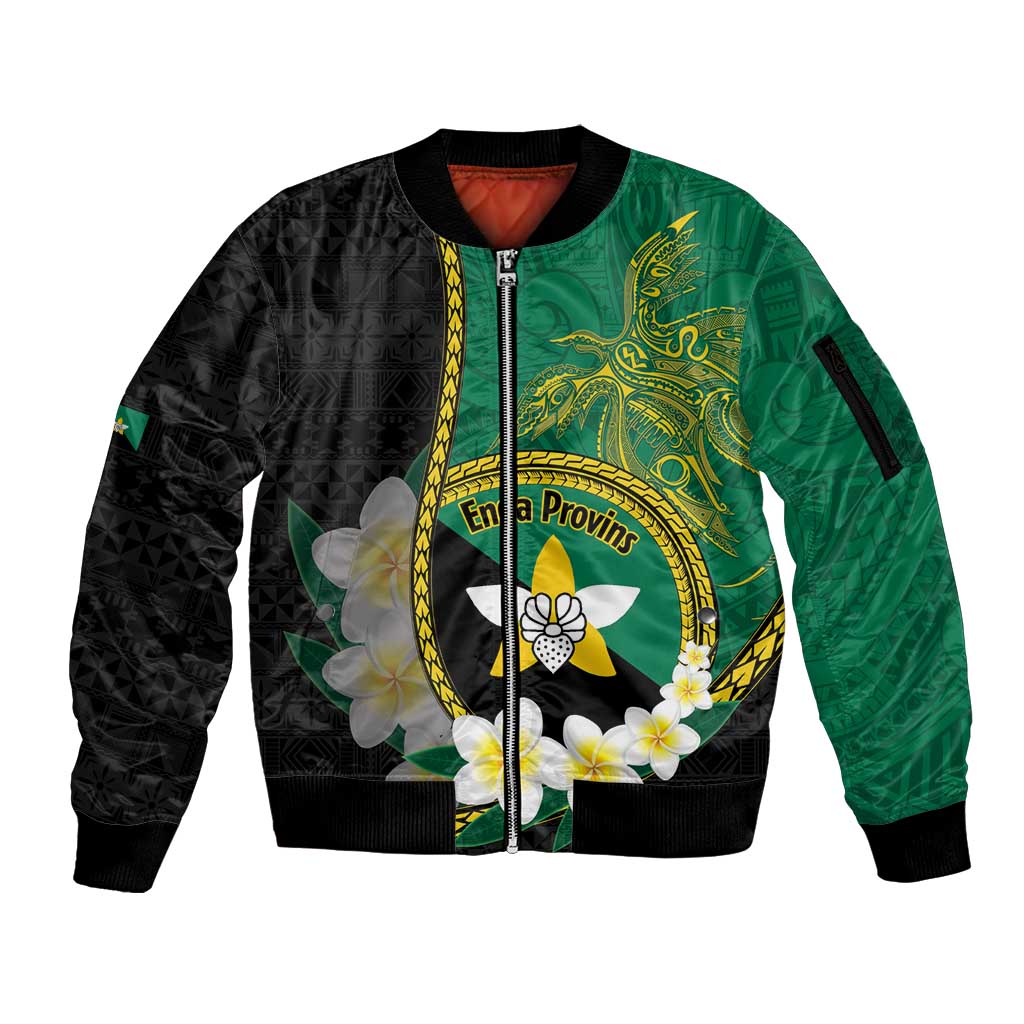 Personalised PNG Enga Provins Sleeve Zip Bomber Jacket Papua New Guinea Plumeria Melanesian Pattern - Aussie Hoodie