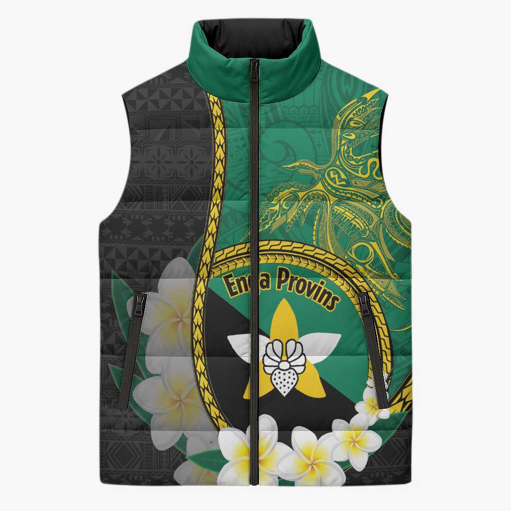 Personalised PNG Enga Provins Sleeveless Puffer Jacket Papua New Guinea Plumeria Melanesian Pattern - Aussie Hoodie
