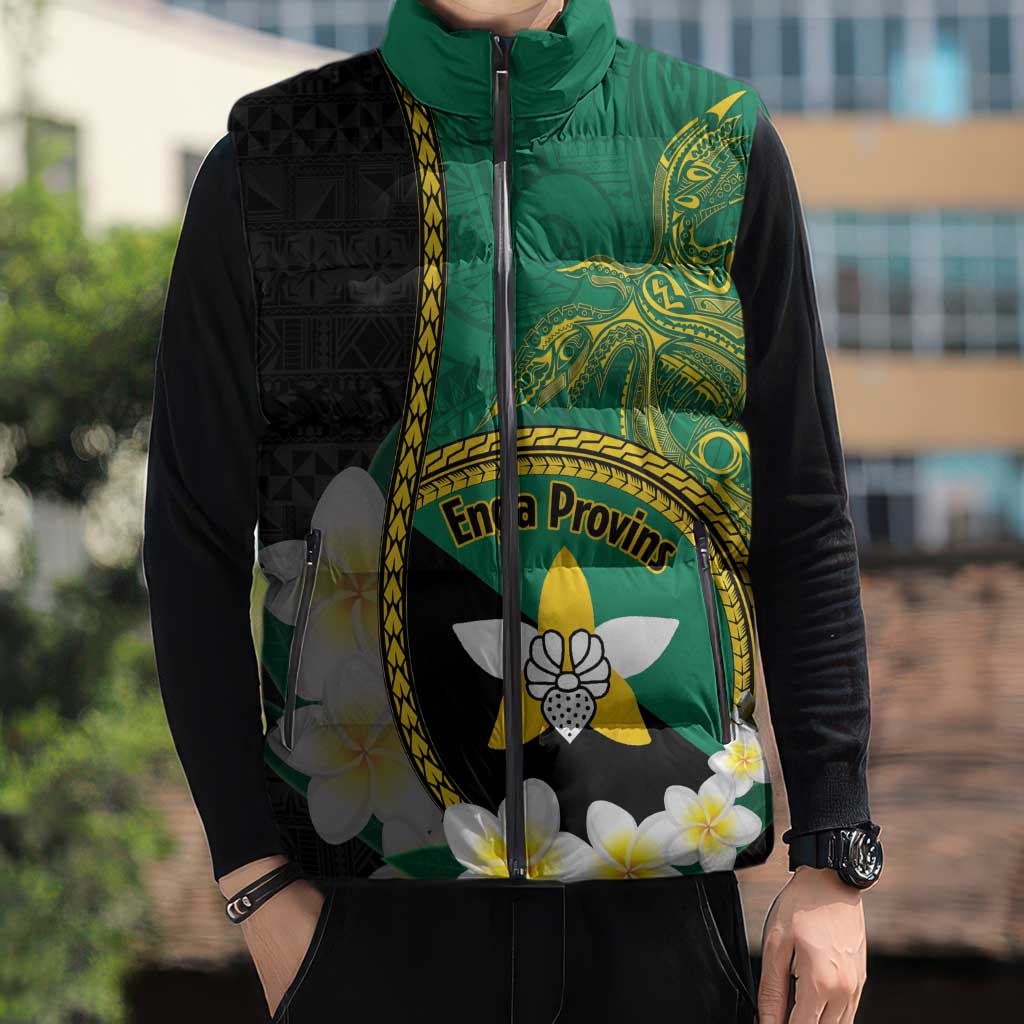 Personalised PNG Enga Provins Sleeveless Puffer Jacket Papua New Guinea Plumeria Melanesian Pattern - Aussie Hoodie