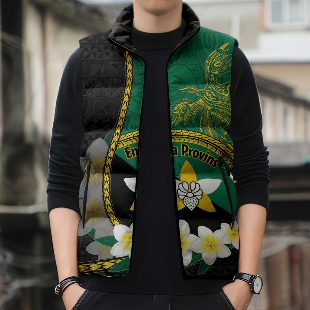 Personalised PNG Enga Provins Sleeveless Puffer Jacket Papua New Guinea Plumeria Melanesian Pattern - Aussie Hoodie