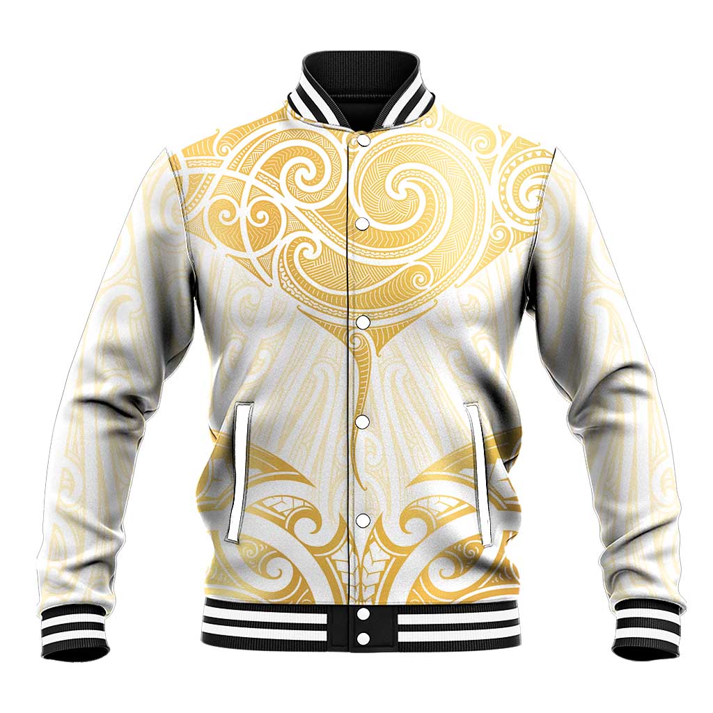 Gold White New Zealand Manta Ray Baseball Jacket Aotearoa Maori Haehae - Aussie Hoodie