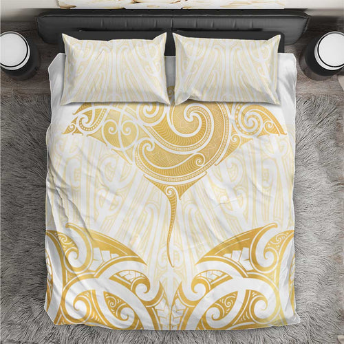 Gold White New Zealand Manta Ray Bedding Set Aotearoa Maori Haehae - Aussie Hoodie