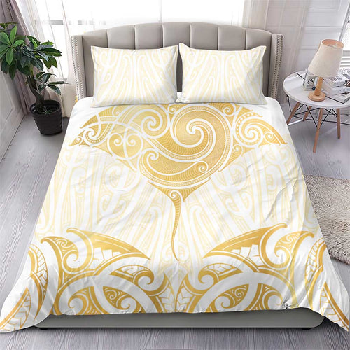 Gold White New Zealand Manta Ray Bedding Set Aotearoa Maori Haehae - Aussie Hoodie