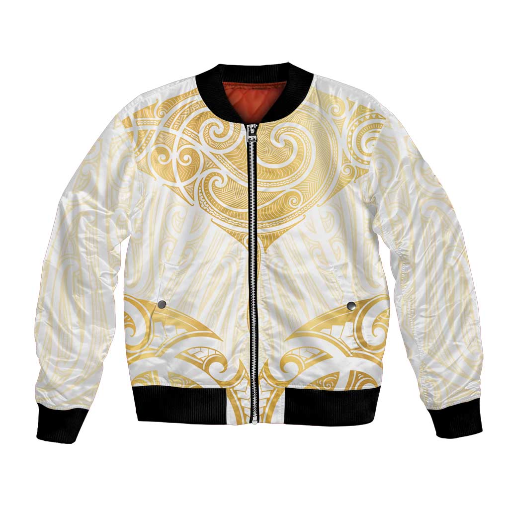 Gold White New Zealand Manta Ray Bomber Jacket Aotearoa Maori Haehae - Aussie Hoodie
