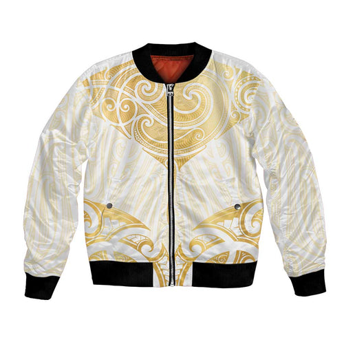 Gold White New Zealand Manta Ray Bomber Jacket Aotearoa Maori Haehae - Aussie Hoodie