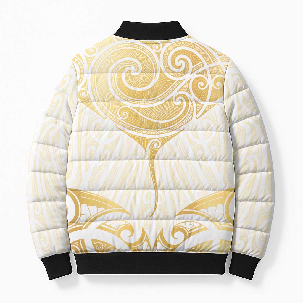 Gold White New Zealand Manta Ray Bomber Puffer Jacket Aotearoa Maori Haehae - Aussie Hoodie