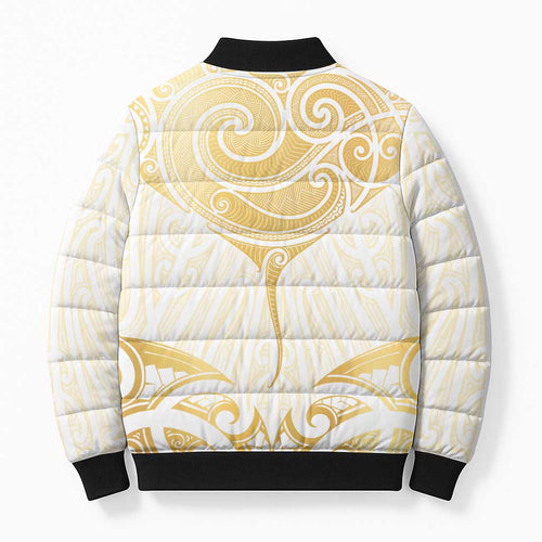 Gold White New Zealand Manta Ray Bomber Puffer Jacket Aotearoa Maori Haehae - Aussie Hoodie