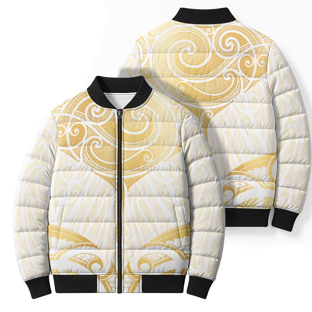 Gold White New Zealand Manta Ray Bomber Puffer Jacket Aotearoa Maori Haehae - Aussie Hoodie